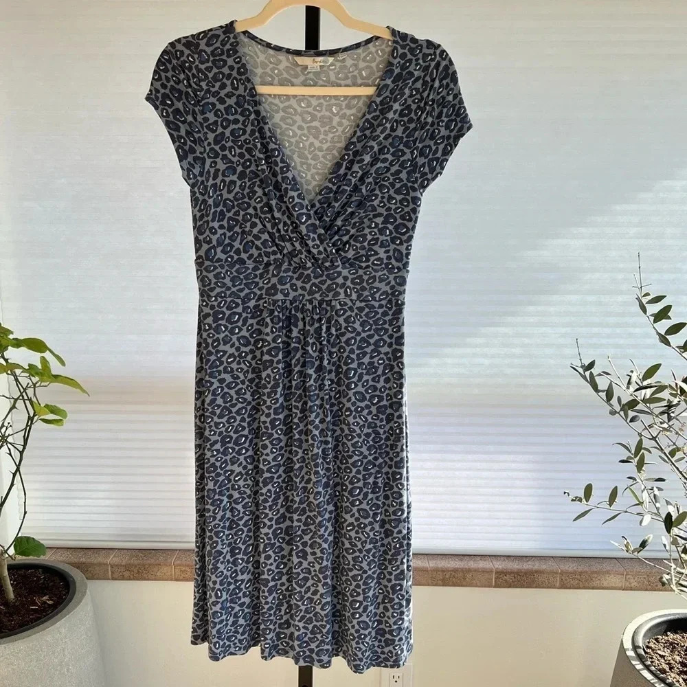 Boden Women’s Cheetah Print Wrap Front Dress Blue 8 Stretch Jersey Knit Casual